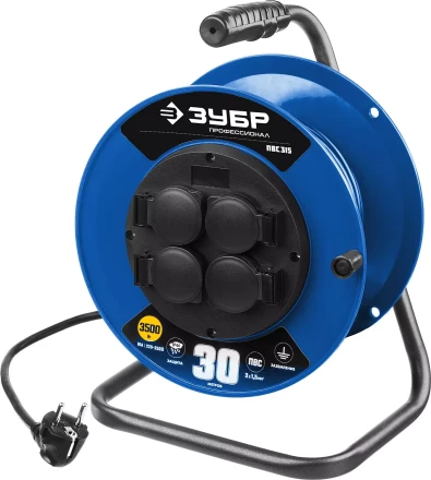 Удлинитель на катушке &quot;ПВС 315&quot;, 30 м, 3500 Вт, 4 гнезда, IP44, ПВС 3х1,5 кв мм, ЗУБР 55081-30 купить в Кургане