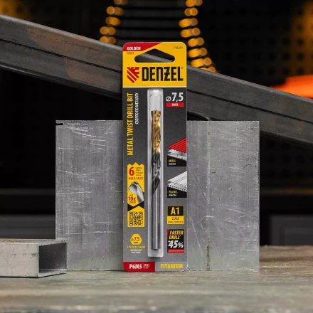 Сверло спиральное по металлу Denzel 7,5 x 109мм, Р6М5, Golden Tip, многогранная заточка, 718281 купить в Кургане