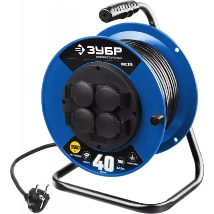 Удлинитель на катушке &quot;ПВС 315&quot;, 40 м, 3500 Вт, 4 гнезда, IP44, ПВС 3х1,5 кв мм, ЗУБР 55081-40 купить в Кургане