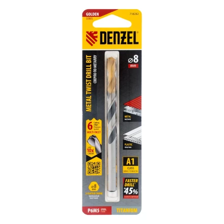 Сверло спиральное по металлу Denzel 8 x 117мм, Р6М5, Golden Tip, многогранная заточка, 718282 купить в Кургане