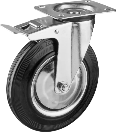 Колеса поворотные с тормозом из литой резины с металлическим диском серия ПРОФЕССИОНАЛ купить в Кургане