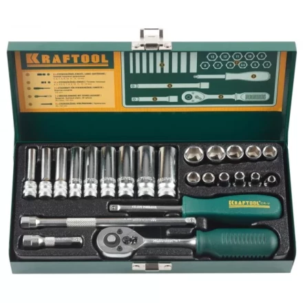 Набор торцовых головок KRAFTOOL &quot;INDUSTRIE QUALITAT&quot; (1/4&quot;) универсальный, Cr-V, металлический кейс, 24 предмета 27890-H24_z01 купить в Кургане