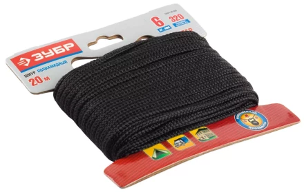 Шнур ЗУБР полиамидный, плетеный, повышенной нагрузки, без сердечника, черный, d 6, 20м 50321-06-020 купить в Кургане