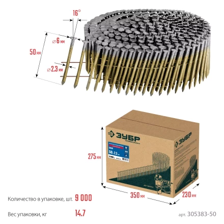 ЗУБР CNW 50 х 2.3 мм, барабанные гвозди рифленые оцинкованные, 9000 шт (305383-50) купить в Кургане