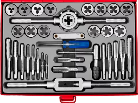 Набор ЗУБР &quot;ЭКСПЕРТ&quot; с металлореж. инструментом, метчики однопроходные и плашки М3-М12, оснастка-в метал. боксе, 35пред. 28117-H35 купить в Кургане