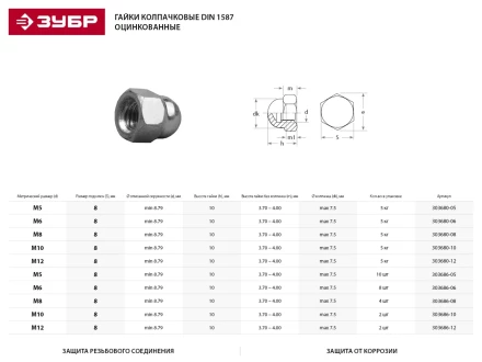 Гайка ЗУБР &quot;МАСТЕР&quot; колпачковая DIN 1587, оцинкованная,  M12, 5кг 303680-12 купить в Кургане