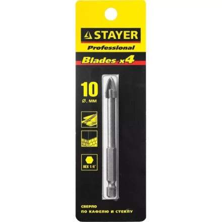 Сверло по кафелю, керамике, стеклу, с четырьмя режущими лезвиями, шестигранный хвостовик, 10 мм, STAYER &quot;PROFESSIONAL&quot; 2985-10 2985-10_z01 купить в Кургане