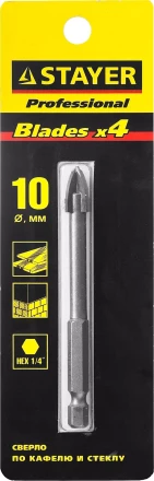 Сверло по кафелю, керамике, стеклу, с четырьмя режущими лезвиями, шестигранный хвостовик, 10 мм, STAYER &quot;PROFESSIONAL&quot; 2985-10 2985-10_z01 купить в Кургане