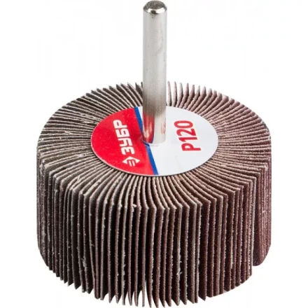 Круг шлифовальный ЗУБР &quot;МАСТЕР&quot; веерный лепестковый, на шпильке, тип КЛО, зерно-электрокорунд нормальный, P120, 30х60мм 36602-120 купить в Кургане