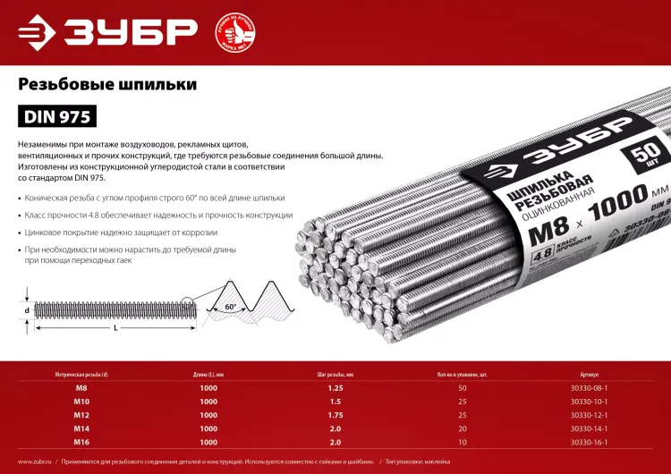 ЗУБР DIN 975, кл. пр. 4.8, М8 х 1000 мм, цинк, 50 шт, резьбовая шпилька (30330-08-1) купить в Кургане