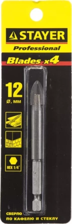 Сверло по кафелю, керамике, стеклу, с четырьмя режущими лезвиями, шестигранный хвостовик, 12 мм, STAYER &quot;PROFESSIONAL&quot; 2985-12 2985-12_z01 купить в Кургане