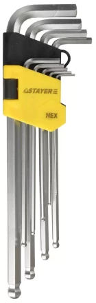 Набор STAYER Ключи &quot;MASTER&quot; имбусовые длинные с шариком, Cr-V, сатинир. покрытие, пластик. держатель, HEX 1,5-10мм, 9 пр 2741-H9-2 купить в Кургане