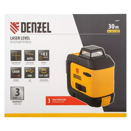 Лазерный уровень мультипризменный LX 360-3 Red, 30 м, 635 нм, аккумулятор Li 2800 мАч, резьба 5/8&quot; Denzel 35077 купить в Кургане