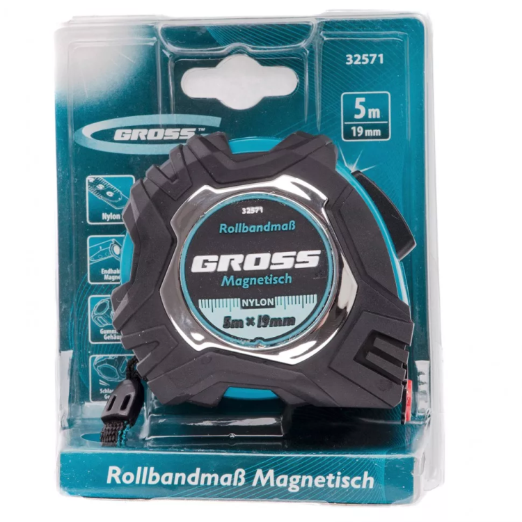 Рулетка Magnetisch 5 м х 19 мм обрезиненный корпус автоматическая фиксация Нейлоновое покрытиеытие зацеп с магнитом Gross 32571 купить в Кургане