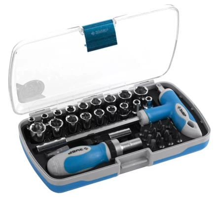 Набор ЗУБР Отвертка &quot;ЭКСПЕРТ&quot; реверс. с насадками, 2-хкомп. ручка, битодерж. с Т-образ. ручкой, в пласт.боксе, 38пред. 25289-H38 купить в Кургане