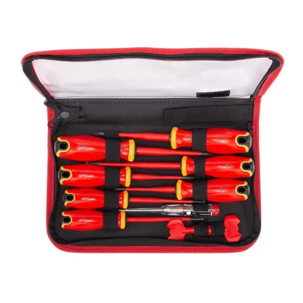 Набор диэлектрических отверток КВТ VDE НИО-2210к сталь S2, профиль SL, PH, PZ/FL и ключи для электрошкафов, 10 предметов (103017) купить в Кургане