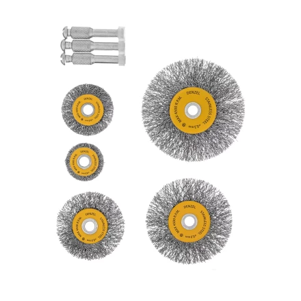 Набор щеток для дрели, 5 Плоских 25-38-50-63-75 мм, шпилька, нерж. вит. проволока Denzel 74495 купить в Кургане
