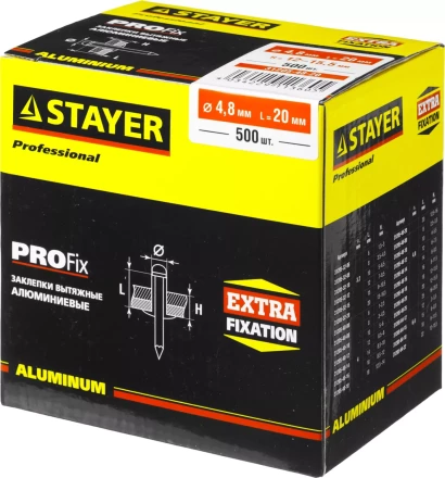 Заклепки PROFIX алюминиевые, 4,8х20мм, 500шт, STAYER Professional 31205-48-20 31205-48-20 купить в Кургане