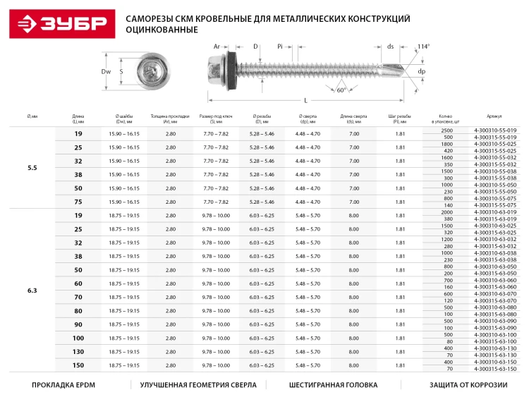 Саморезы ЗУБР "ПРОФЕССИОНАЛ" оцинков., для крепл. кров. матер. к дерев. обреш., 4.8x80мм, 140шт 4-300315-48-080 купить в Кургане