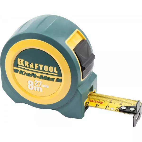 Рулетка KRAFTOOL "Kraft-Max", длинный вылет, нейлон покрытие, упрочненный двухкомп корпус, 8м/27мм 34127-08-27 купить в Кургане