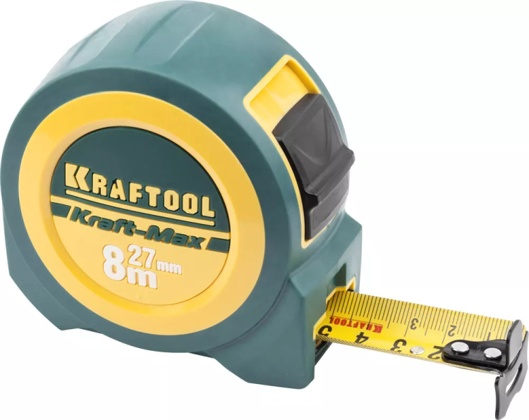 Рулетка KRAFTOOL "Kraft-Max", длинный вылет, нейлон покрытие, упрочненный двухкомп корпус, 8м/27мм 34127-08-27 купить в Кургане
