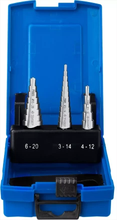 Набор ЗУБР ступенчатых сверл по сталям и цвет. мет. ст. Р6М5, d=3-14мм, 12ступ. d=4-12мм 5 ступ., d=6-20мм 14ступ. 29670-3-20-H3_z01 купить в Кургане