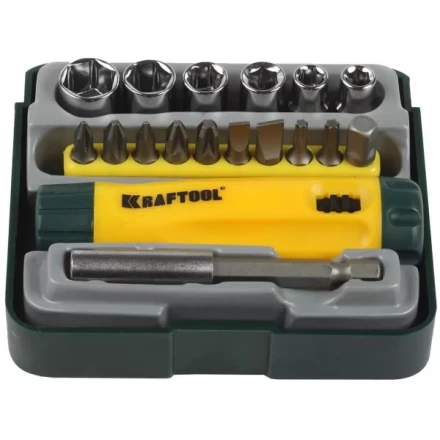 Набор KRAFTOOL "EXPERT": Отвертка реверсивная с битами, адаптером и торцовыми головками, Cr-V, 18 предметов 26143-H18 купить в Кургане
