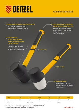 Киянка резиновая, 450 г, черно-белая, фибергласовая рукоятка c TPR покрытием Denzel 11102 купить в Кургане