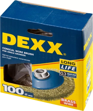 DEXX. Щетка коническая для УШМ, витая стальная латунированная проволока 0,3мм, 100ммхМ14 35105-100 купить в Кургане