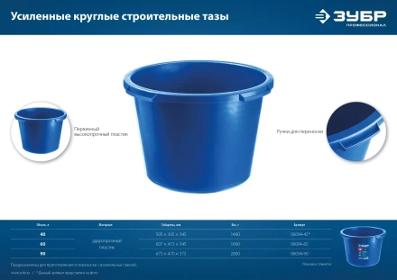 ЗУБР 40 л, первичный высокопрочный пластик, усиленный круглый строительный таз (06094-45) купить в Кургане