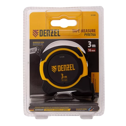 Рулетка Denzel 3м х 16мм, двухкомп. корпус, магнитный обрезиненный зацеп, 31530 купить в Кургане