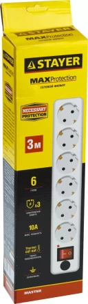 Сетевой фильтр STAYER "MASTER" электрический, 6 гнезд, заземление, макс. мощн. 2200 Вт, 3м 55067-3 купить в Кургане