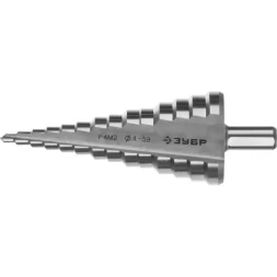 Сверло ЗУБР "МАСТЕР" ступенчатое по сталям и цвет.мет., быстрорежущая сталь, d=4-39мм,14ступ.d=4-39, L -113 мм, трехгран.хв. 10мм 29665-4-39-14