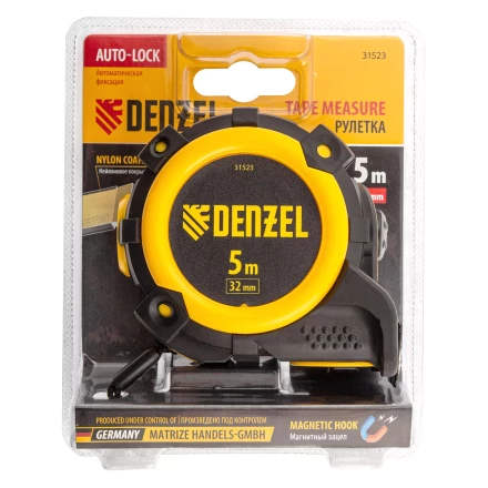 Рулетка Denzel 5м х 32мм, автоматич. фиксац., нейлон. покрытие, магнит. зацеп, двухстор. разметка 31523 купить в Кургане