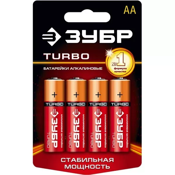 Батарейка Зубр "TURBO" щелочная (алкалиновая), тип AA, 1,5В, 4шт на карточке 59213-4C купить в Кургане