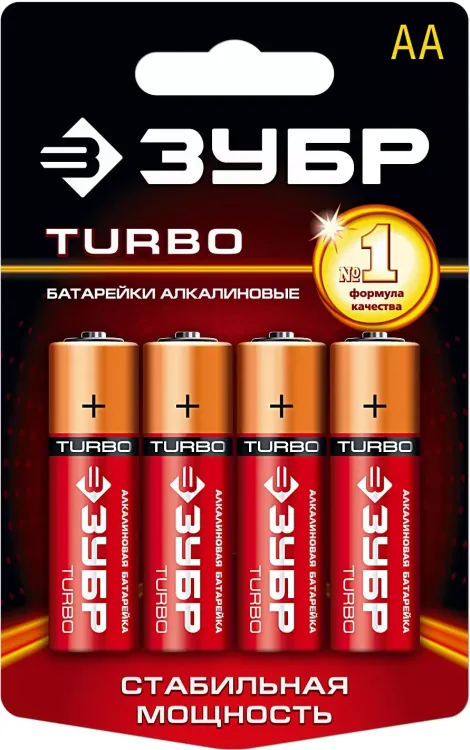 Батарейка Зубр "TURBO" щелочная (алкалиновая), тип AA, 1,5В, 4шт на карточке 59213-4C купить в Кургане