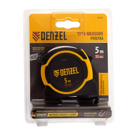 Рулетка Denzel 5м х 25мм, двухкомп. корпус, магнитный обрезиненный зацеп, 31532 купить в Кургане