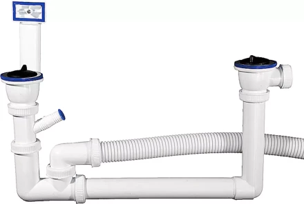 Сифон ЗУБР &quot;МАСТЕР&quot; колбовый для двухместной мойки, выпуск - нержавеющая чашка, перелив, отвод для стиральной машины 51867-2 купить в Кургане