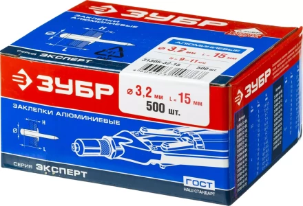 Заклепки ЗУБР алюминиевые, 3,2x15мм, 500шт 31305-32-15 купить в Кургане