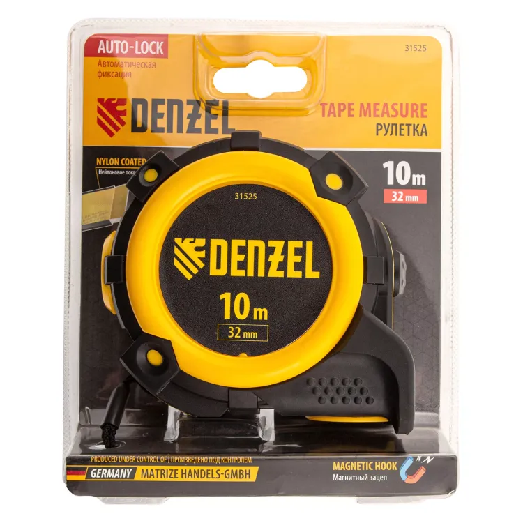 Рулетка Denzel 10м х 32мм, автоматич. фиксац., нейлон. покрытие, магнит. зацеп, двухстор. разметка, 31525 купить в Кургане