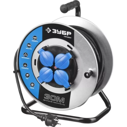 Удлинитель ЗУБР &quot;ПРОФИ&quot; на металл катушке, КГ 3х1,5кв мм, морозостойкий, 4 гнезда, IP44, макс мощность 3500Вт, 30м 55085-30 купить в Кургане