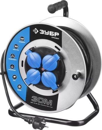 Удлинитель ЗУБР &quot;ПРОФИ&quot; на металл катушке, КГ 3х1,5кв мм, морозостойкий, 4 гнезда, IP44, макс мощность 3500Вт, 30м 55085-30 купить в Кургане
