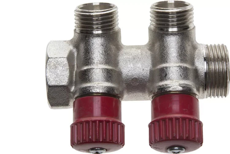 Коллектор GENERAL FITTINGS для горячей воды, вентили, никелированная латунь, вход 3/4" - 2 выхода 1/2" 51046-3/4-1/2-HT2 купить в Кургане