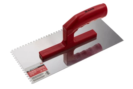 Гладилка из нержавеющей стали, 280 х 130 мм, зеркальная полировка, пластмассовая ручка, зуб 4 х 4 мм Matrix 86780 купить в Кургане