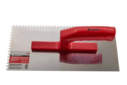 Гладилка из нержавеющей стали, 280 х 130 мм, зеркальная полировка, пластмассовая ручка, зуб 4 х 4 мм Matrix 86780 купить в Кургане