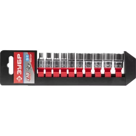 Набор ЗУБР &quot;МАСТЕР&quot;: Торцовые головки (1/4&quot;) на пластиковом рельсе, Cr-V, 4-13мм, 10 предметов 27656-H10 купить в Кургане