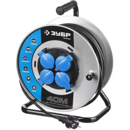 Удлинитель ЗУБР "ПРОФИ" на металл катушке, КГ 3х1,5кв мм, морозостойкий, 4 гнезда, IP44, макс мощность 3500Вт, 40м 55085-40 купить в Кургане