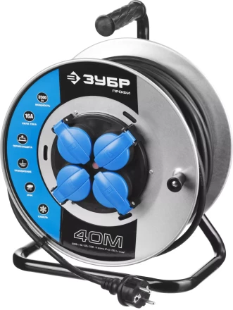 Удлинитель ЗУБР "ПРОФИ" на металл катушке, КГ 3х1,5кв мм, морозостойкий, 4 гнезда, IP44, макс мощность 3500Вт, 40м 55085-40 купить в Кургане