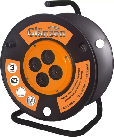 Катушка без провода GLANZEN 4 штепсельных гнезда с заземлением Ф300мм EK-00-300 купить в Кургане