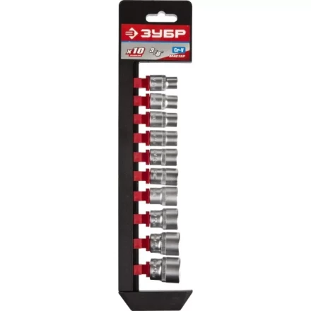 Набор ЗУБР &quot;МАСТЕР&quot;: Торцовые головки (3/8&quot;) на пластиковом рельсе, Cr-V, 8-19мм, 10 предметов 27654-H10 купить в Кургане